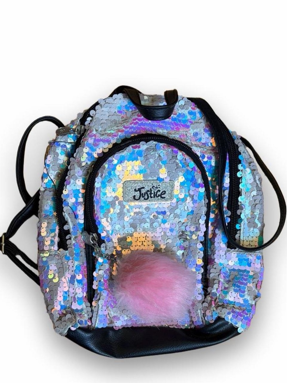 Justice Iridescent Sequin Mini Backpack with Pink Pom